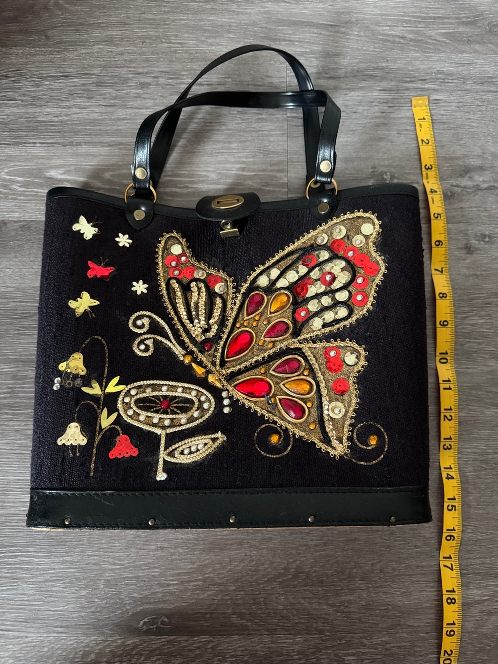 Vintage Black Butterfly Embellished Tote Bag - Picture 8 of 9